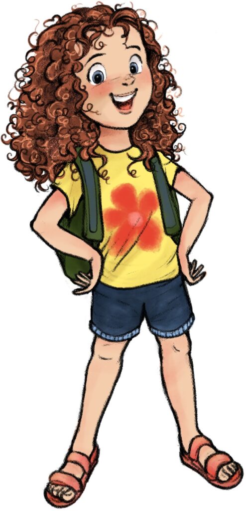 Gertrude is standing with her hands on her hips, smiling. She is wearing a yellow t-shirt with an orange flower, jean shorts, sandals, and a backpack.